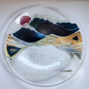 Vintage Hand Painted Glass Plate Calgary Olympic Style Art • 13” Decorative